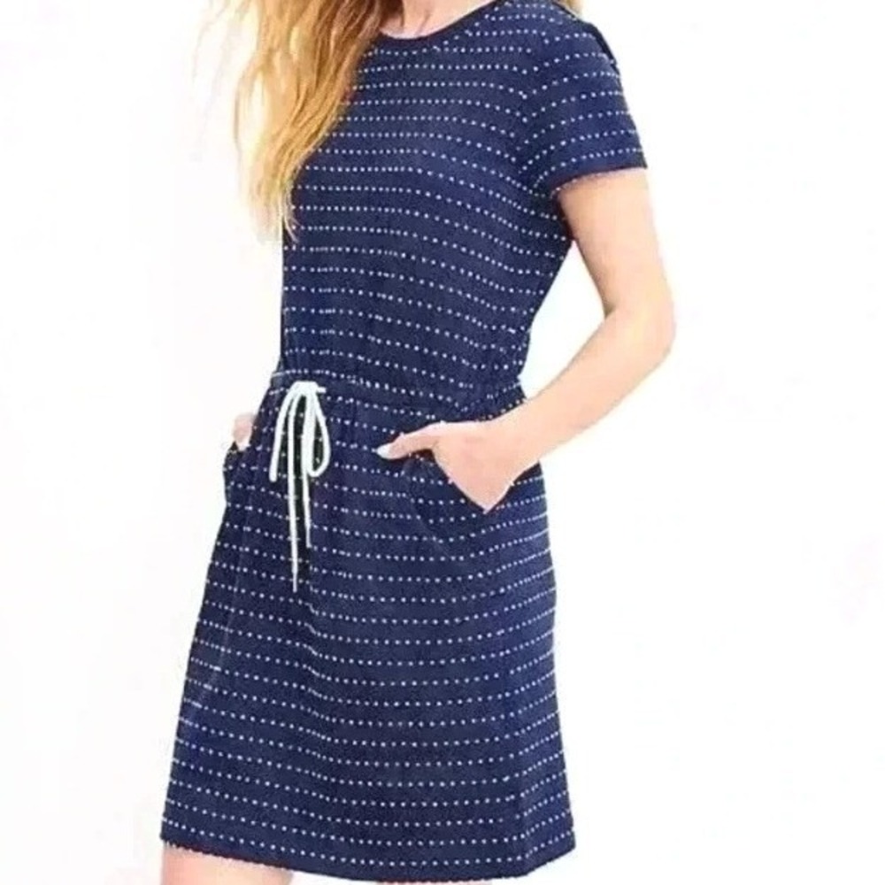 LOU & GREY Women's XS Navy Blue White Dotted Stripe Drawstring T-Shirt Dress